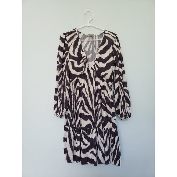 H&M Dresses & Skirts - H&M Womens S Accordion Pleat Mini Dress Deep V Neck Abstract Stripe Brown Tiered